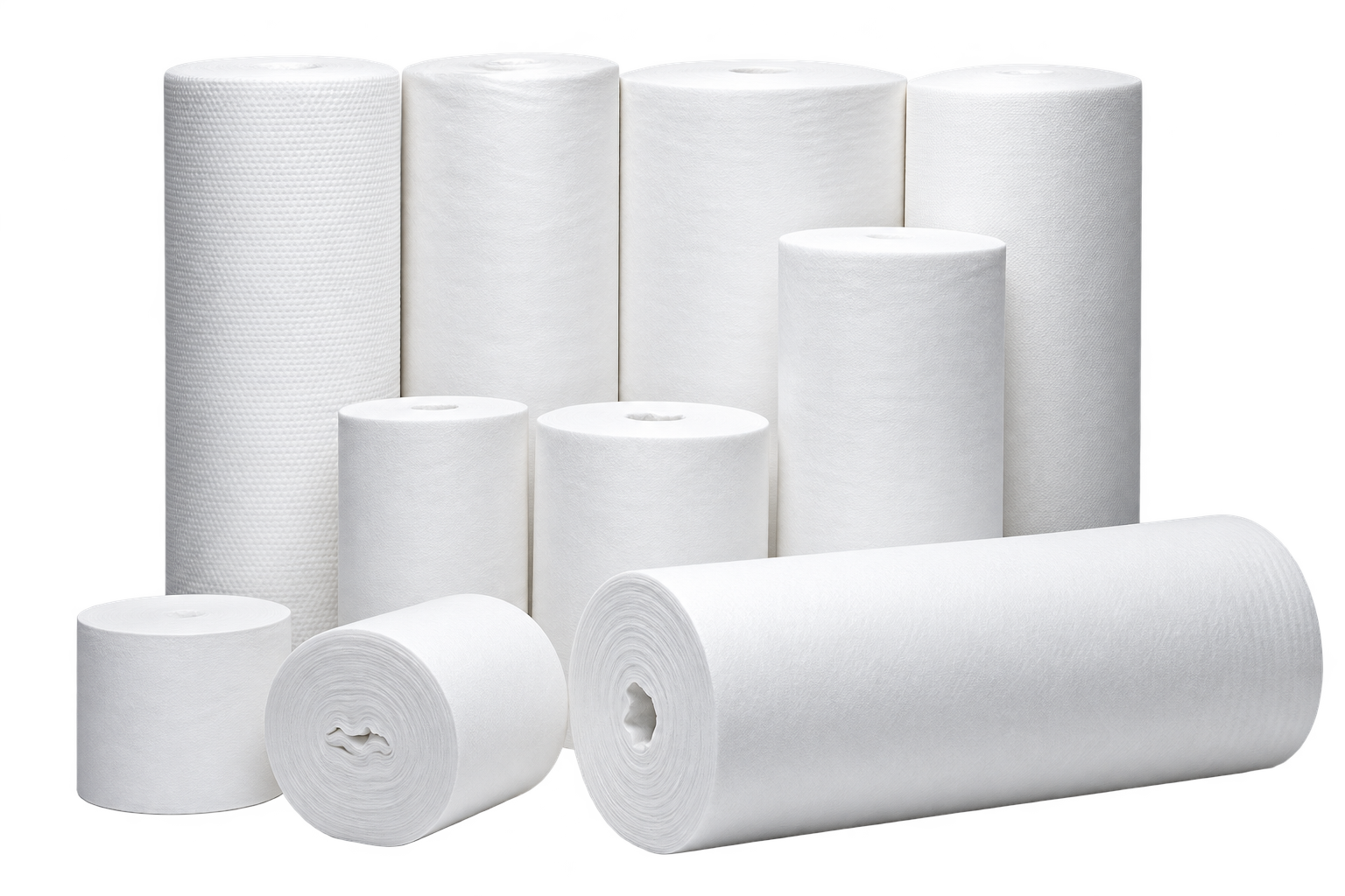 Finnish-made LUVIEN nonwoven wiping rolls in different sizes for industrial cleaning and professional use.