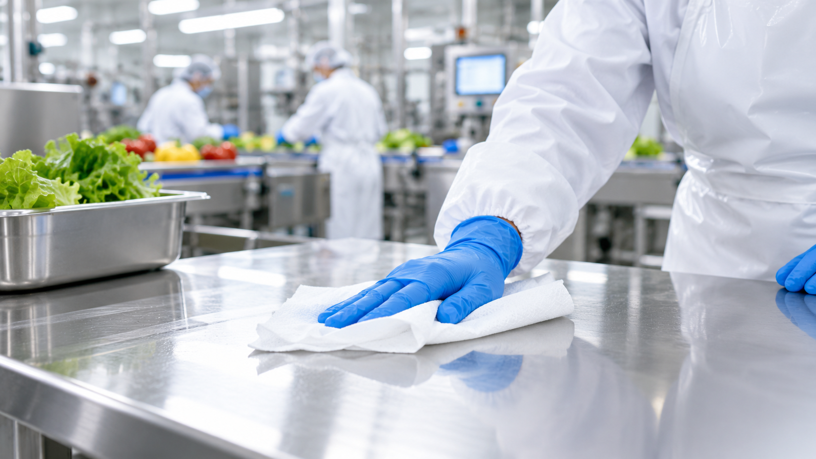 Food industry worker wearing protective gloves wiping a stainless steel work surface in a hygienic food processing facility.